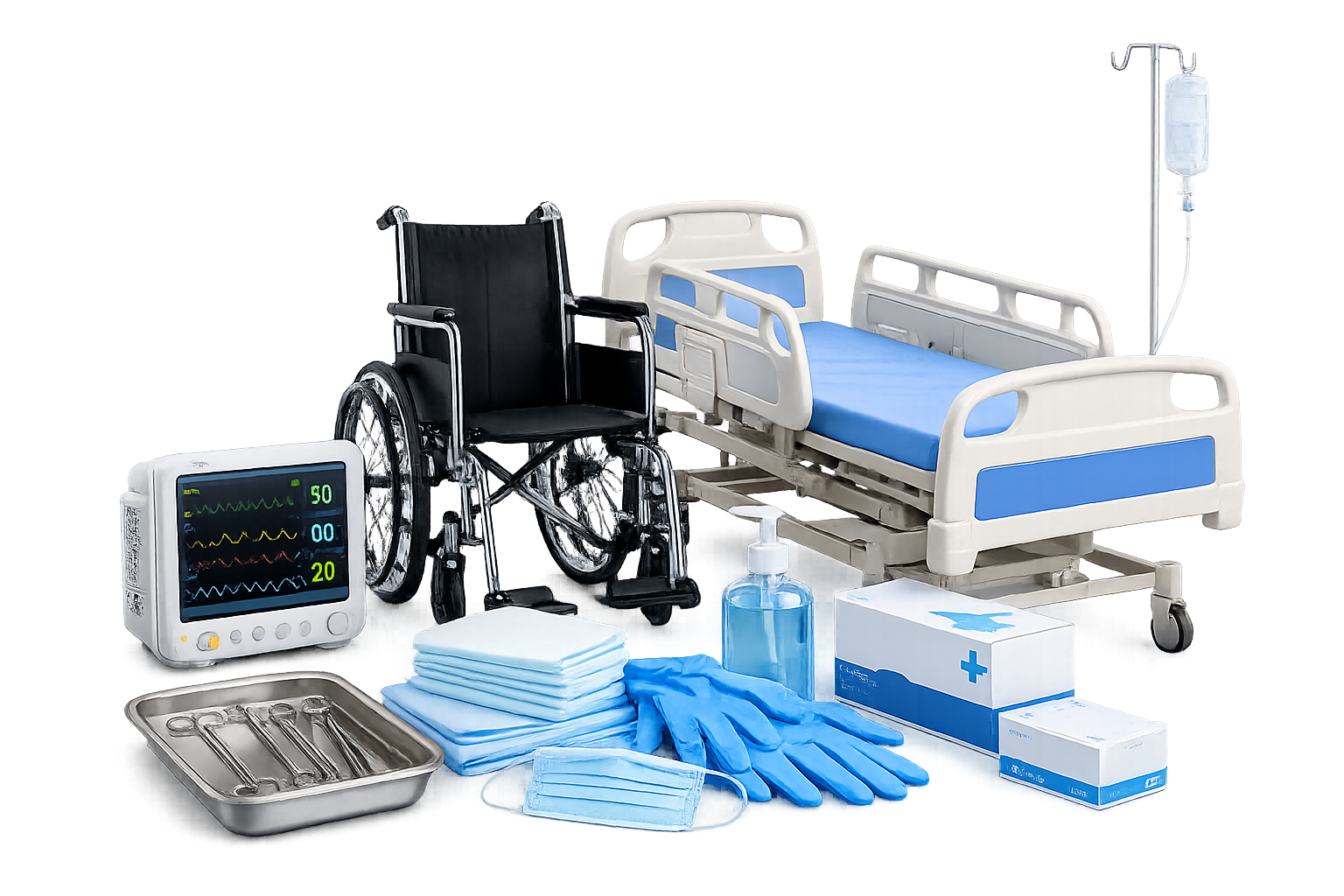 Newday Surgicals medical equipment — hospital bed, wheelchair, monitor, and surgical instruments.