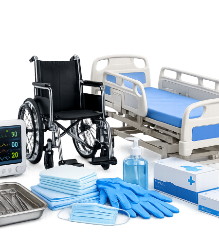 Newday Surgicals medical equipment — hospital bed, wheelchair, monitor, and surgical instruments.